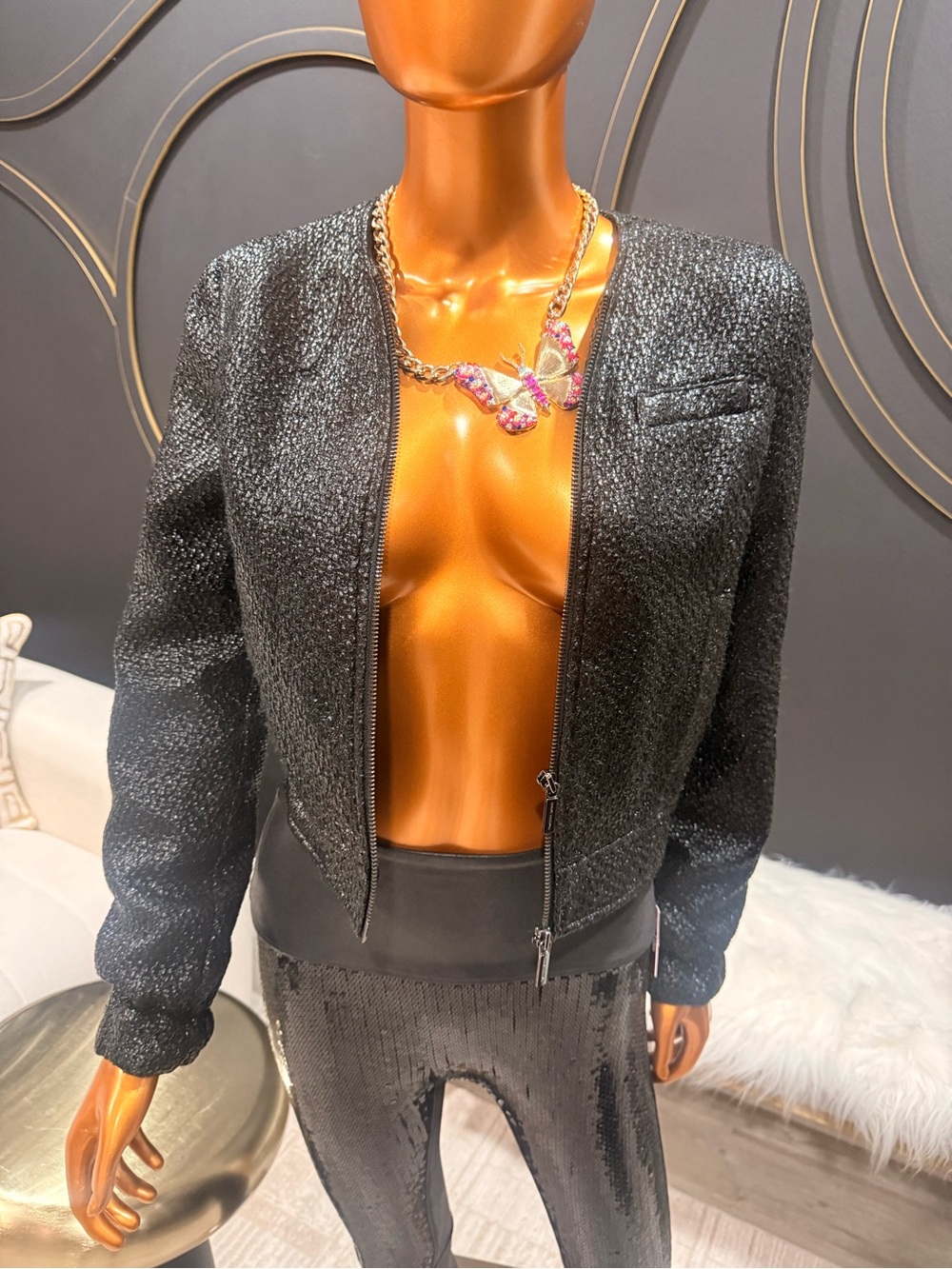 Armani Exchange Black Sparkle Cropped Zip Jacket